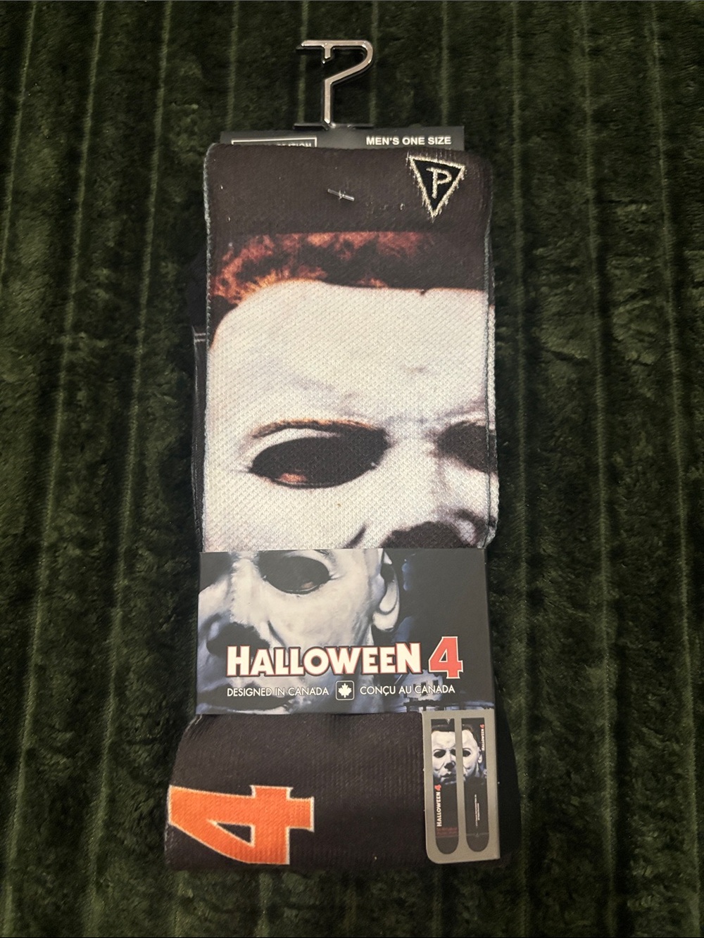 Halloween 4 Michael Myers Face Crew Socks - Black & White with Orange Accent
